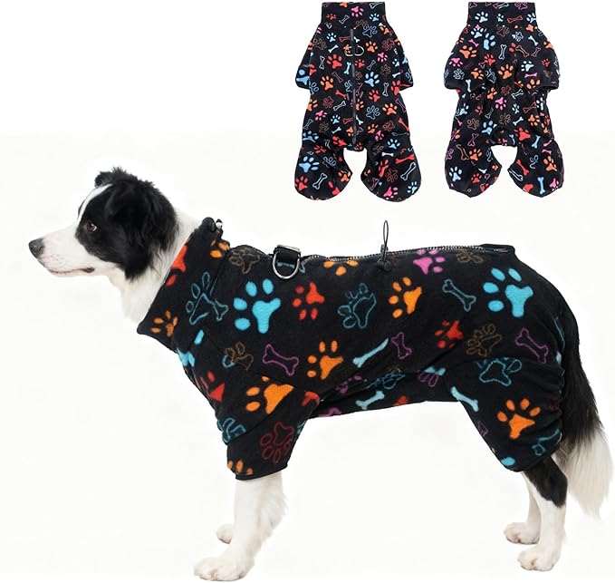 SCENEREAL Fleece Dog Coat Jacket for Small Medium Large Dogs, Soft Pullover Pajamas, Dog Sweater with Harness Built in, Cold Weather Pet Snowsuits Outfits Clothes for Puppis Boys Girls, Black M