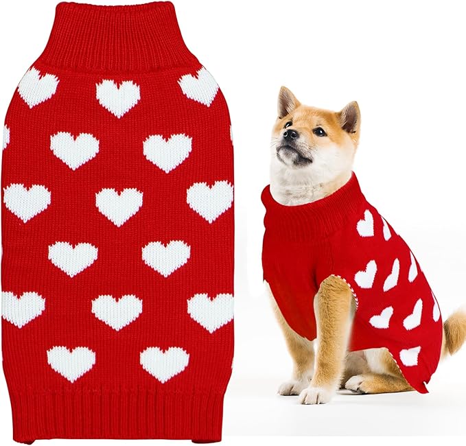 Valentine Dog Sweater Dog Valentines Clothes Outfit Knitted Heart Sweater for Small Medium Large Dogs Pets (Red, X-Large)