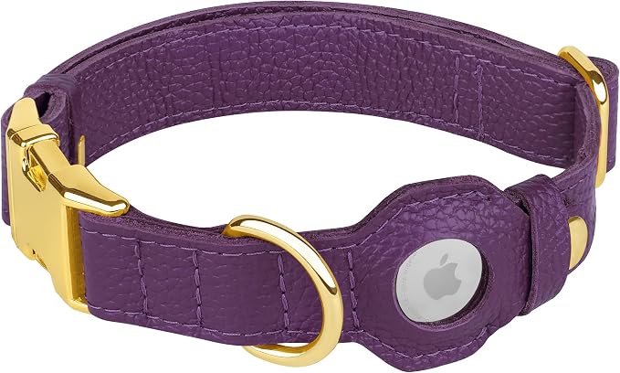 Leather Airtag Dog Collar - Soft Tracking Dog Collar with Apple AirTag Holder and Metal Buckle - Safety GPS Pet Collars for Small Medium Large Dogs Puppy Pink Red (Purple, M, 14"-18" Neck Fit)