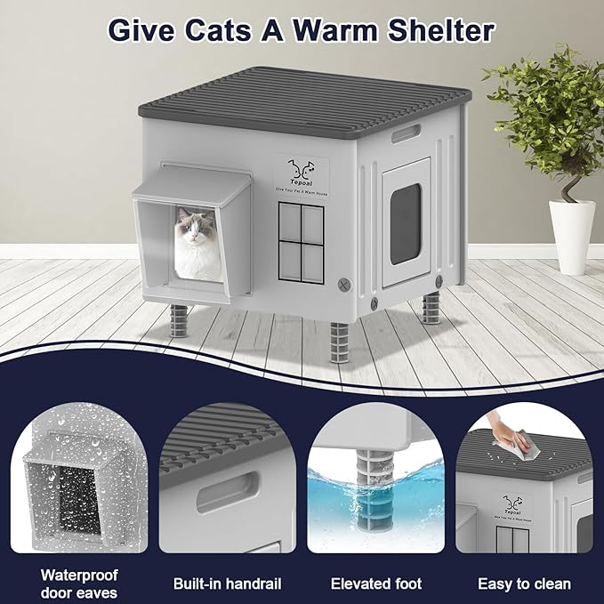 Tepoal 17.7"x17"x17.5" Plastic Heated Cat House for Outside Winter, Weatherproof Outside Cats Shelter with Safety Escape Doors and Heating Pads, Elevated Feral Cat House for Wild and Stray Cats (Grey)