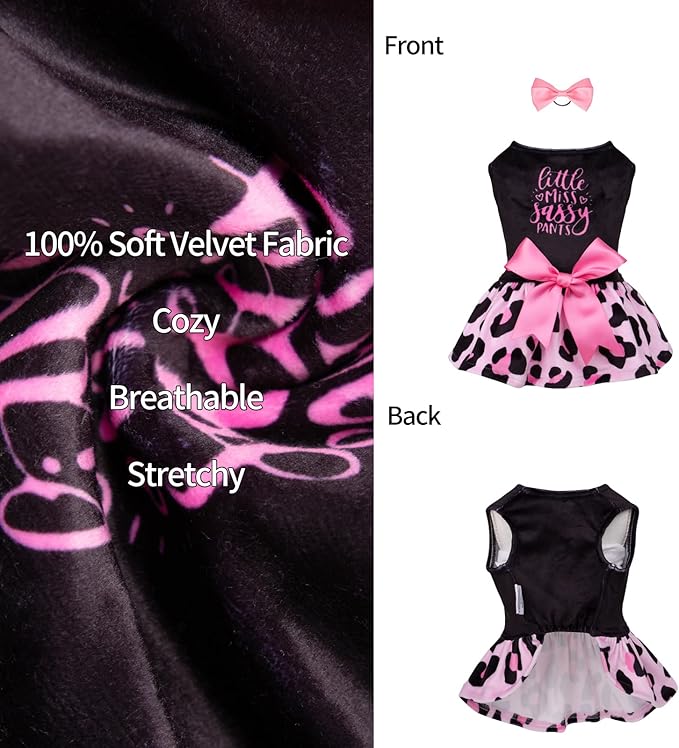 CuteBone Little Miss Sassy Pants Dog Leopard Print Dress Velvet for Small Dogs Girl Puppy Dresses Pink Dog Clothes CVA15XXS-D