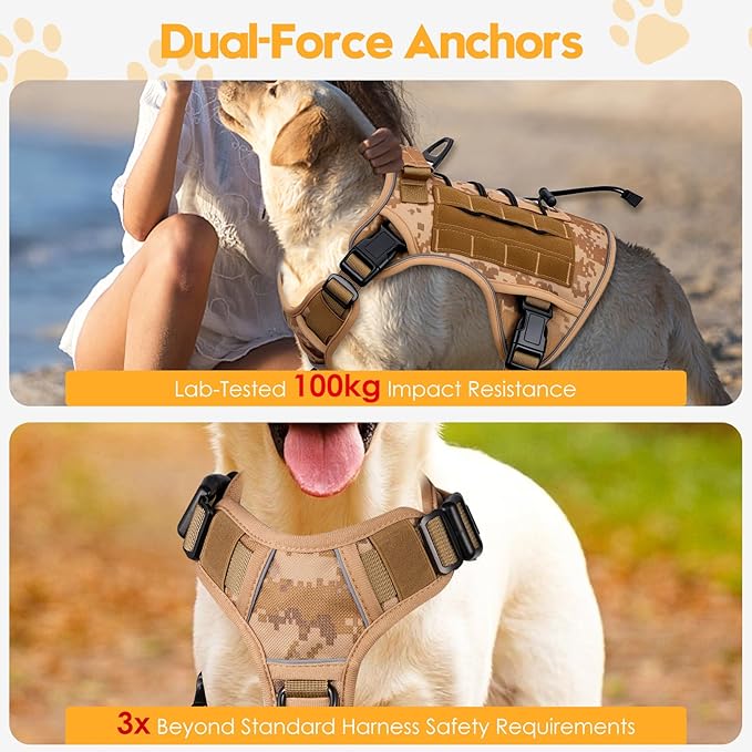 Heavy-Duty Tactical Dog Harness for Large Dogs, No Pull Adjustable Reflective Pet Vest with Molle System, K9 Military-Grade Control for Service Training, Outdoor & 10+ Breeds, Khaki Camo, XX-Large