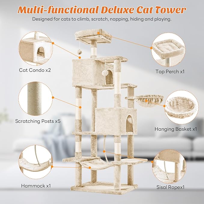Aidoly Large Cat Tree 66 Inch, Multi-Level Tall Cat Tree Tower with Condo, Perches, Sisal Scratching Posts and Hammock, Pet Play House with Dangling Balls for Indoor Cats, Beige