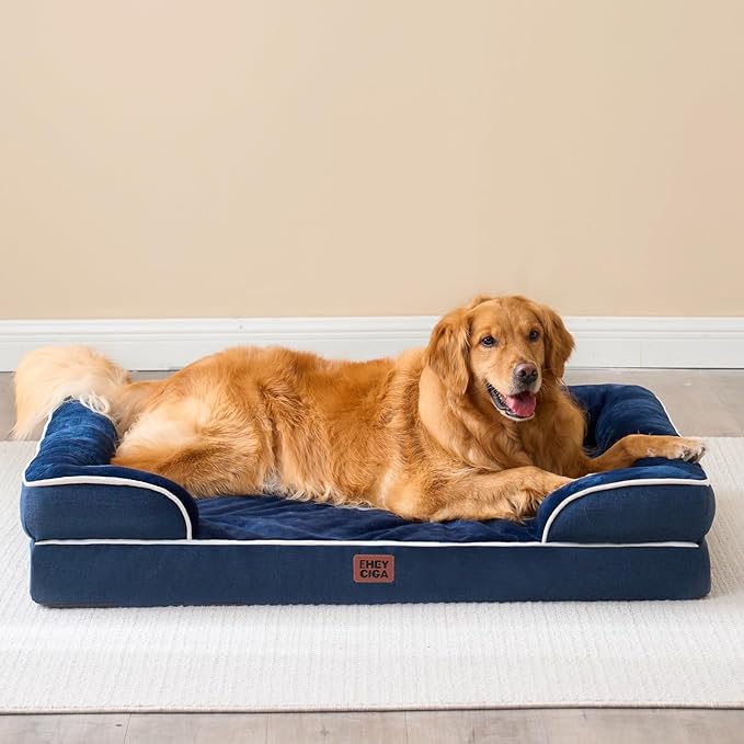 EHEYCIGA Orthopedic Dog Beds for Extra Large Dogs, Waterproof Memory Foam XXL Dog Bed with Sides, Non-Slip Bottom and Egg-Crate Foam Big Pet Couch Bed with Washable Removable Cover, Navy