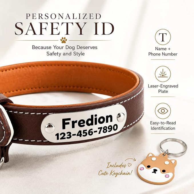 Personalized Leather Dog Collar with AirTag Holder Case, Custom Engraved Nameplate Dog Collar, Adjustable Genuine Leather Soft Padded Dog ID Collar for Medium Large X-Large Dogs-Brown Padded-XL