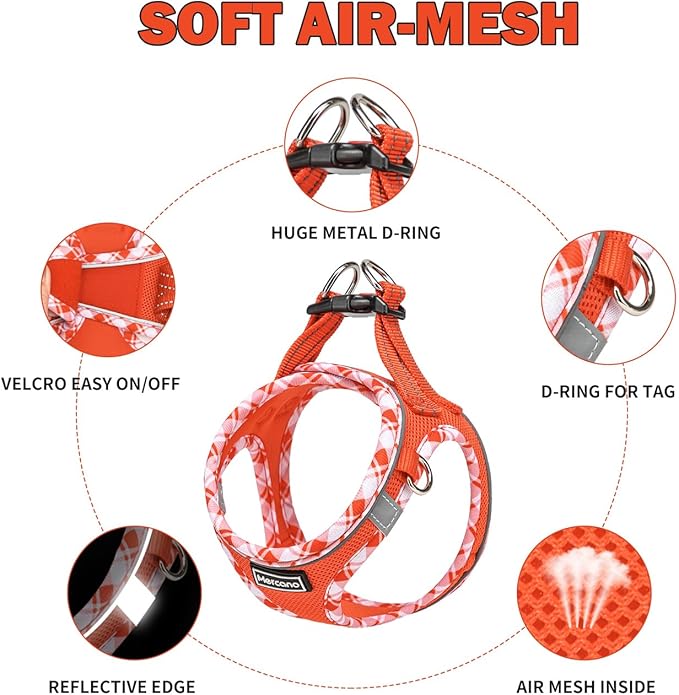 Mercano Soft Mesh Dog Harness and Leash Set, No-Chock Step-in Reflective Breathable Lightweight Easy Walk Vest Harnesses with Safety Buckle for Small Dogs, Cats (Tangerine, S)