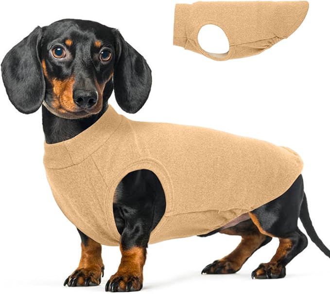 Stretch Fleece Dog Sweatshirt - Khaki, L - Pullover Sleeveless Vest | Warm Stretchable Shirt, Lightweight Breathablefor for Outdoor Movement,Dachshund,French Bulldog