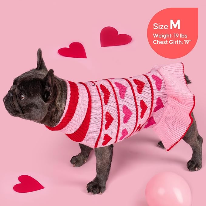 KYEESE Valentines Dog Sweater, Stretchy Small Dogs Sweater, Soft Turtleneck Dog Sweaters for Small Dogs, Warm Pet Sweaters Dress with Heart Print, Comfy Pet Clothes Coat with Leash Hole, XL