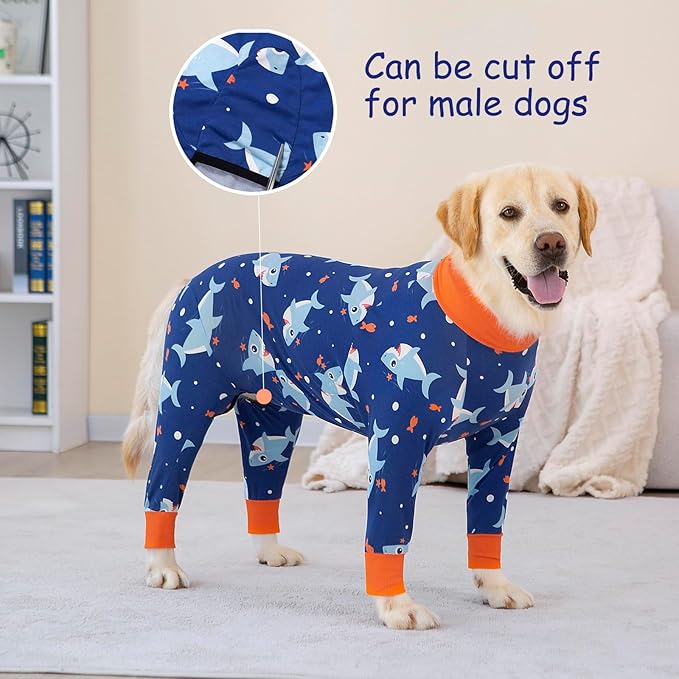 Dog Recovery Suit After Surgery Female Male, Medium Large Dog Neuter Shirt Cone Alternatives Prevent Licking Surgical Onesies (Blue Shark, 5XL)