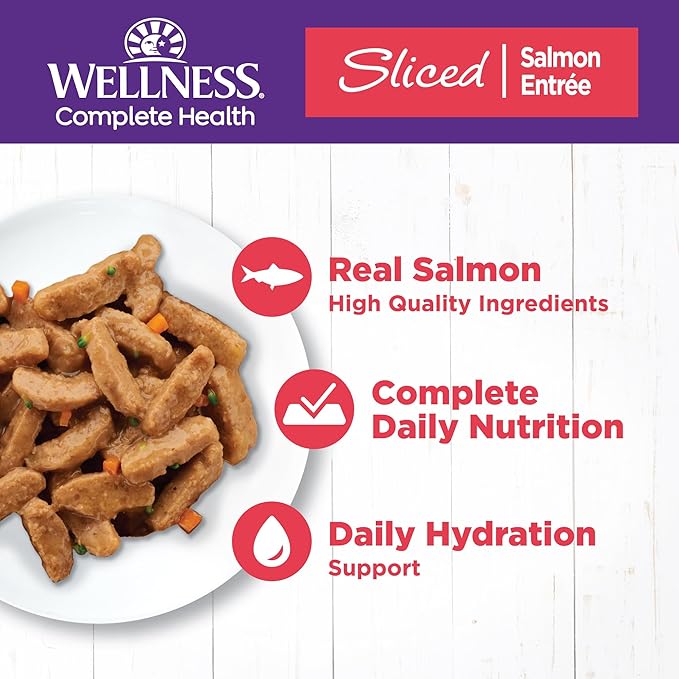 Wellness Complete Health Sliced Adult Wet Cat Food, Natural, Protein-Rich, Grain Free, 3 Ounce, 24 Pack, (Salmon Entrée)