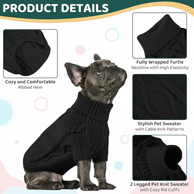 Queenmore Small Dog Pullover Sweater, Cold Weather Cable Knitwear, Classic Turtleneck Thick Warm Clothes for Chihuahua, Bulldog, Dachshund, Pug (Black, Small)