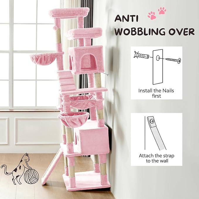 PurrFest Cat Tree,80-Inch Large Cat Tower with 9 Scratching Posts, 2 Perches, 2 Caves, 2 Basket, 2 Stairs,Extra Large Hammock, Pompoms, Multi-Level Plush Cat Condo for Indoor Cats (Pink)