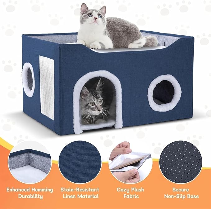 Gosipeya Cat House for Indoor Cats – Foldable Cat Cave & Covered Cat Bed, Cozy Hideaway for Small Pets and Large Cats (23.6"x16"x12.8"),Navy Blue