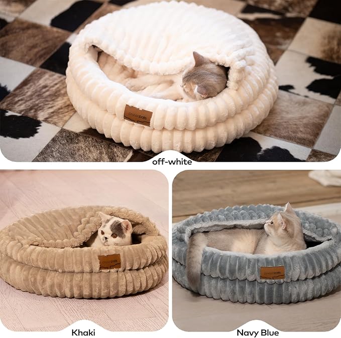 CHEERPALS Cat Cave Bed for Indoor Cats, Washable Covered Cat Bed Hooded Kitty Bed Soft Fluffy Pet Bed for Puppy and Small Dog(Dark Blue)