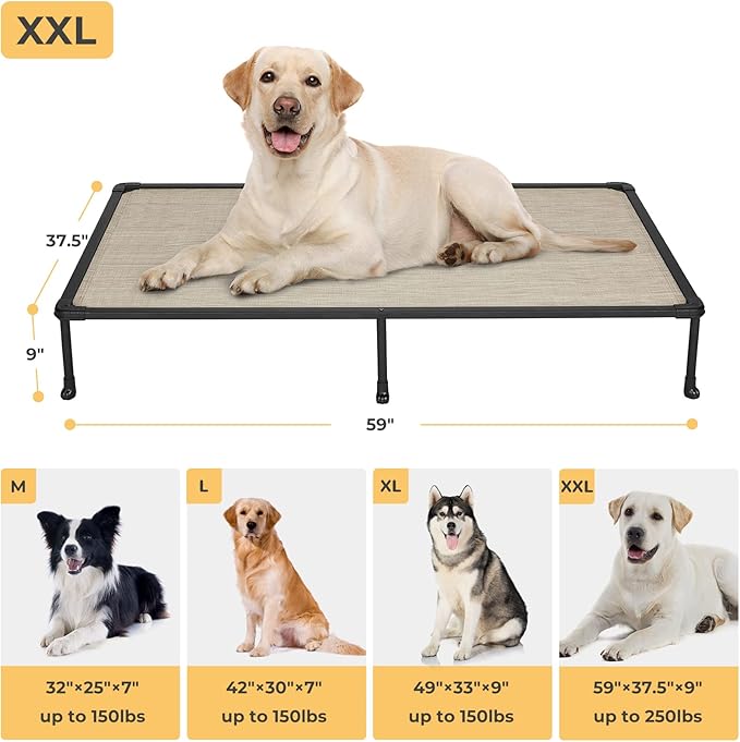 Veehoo Chewproof Elevated Dog Bed - Cooling Raised Pet Cot, Breathable Mesh, Washable & Non-Slip for Large Dogs, Indoor/Outdoor, Beige Coffee Mat and Black Frame, 59x37inches (Model CWC2203A03)