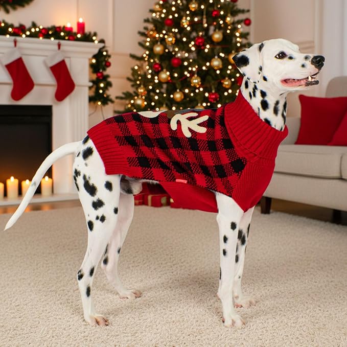 KYEESE Dog Christmas Sweater with Reindeer Pattern, Cozy Holiday Outfit, Red Buffalo Plaid Knitwear, Turtleneck Dog Sweater for Medium Dogs with Leash Hole, Soft Warm Pet Clothes, XX-Large