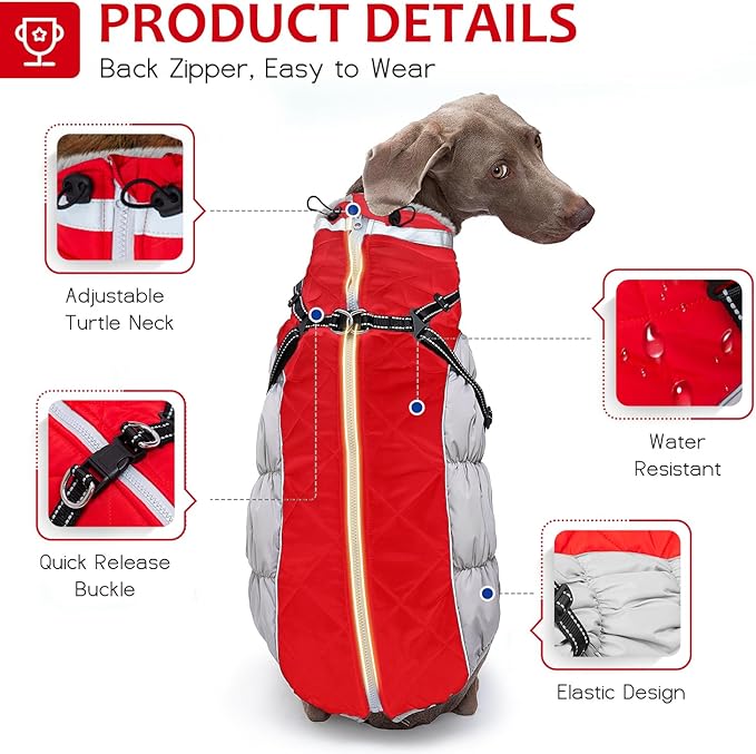 Dog Winter Coat with Harness, Dog Jacket, Pet Clothes with Zipper on Back, Waterproof Windproof Warm Vest, Reflective Cold Weather Coats, for Small Medium Large Dogs, Thick, Red, S