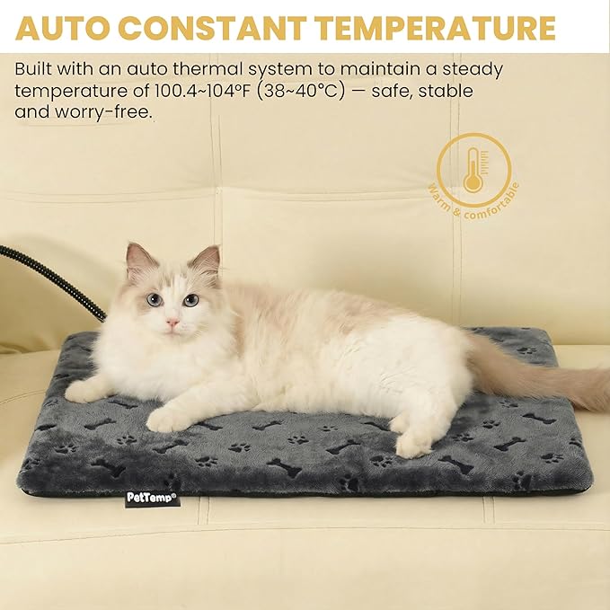 PetTemp Pet Heating Pad for Cats Dogs Indoor & Sheltered Outdoor Waterproof Heated Cat Bed Heated Dog Bed Chew Resistant Cord Constant Temperature Gray Paw Print 16 x 13 Inch