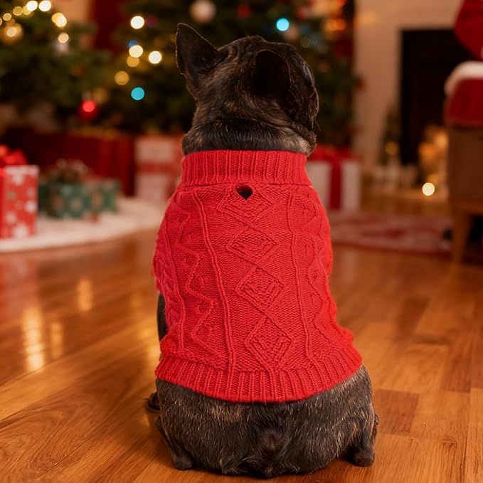 PUPTECK Dog Sweater, Turtleneck Warm Knitted Pullover Coat, Thick Cable Knitwear Clothes in Winter, Pet Apparel Outfits for Small Medium Dogs, for Cold Weather Indoor & Outdoor, Red XS