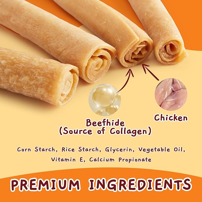 Jungle Calling Dog Treats, Collagen Rolls Dog Chew Treats, 7 Inch Long Lasting Rawhide Alternative Chicken Flavor Collagen Chews for Medium and Large Dogs, 18.3 oz (4 Counts)