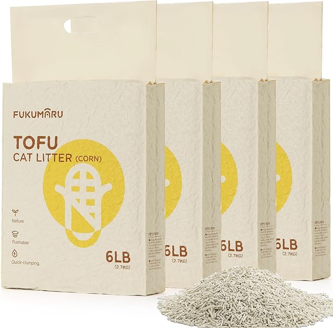FUKUMARU Tofu Cat Litter - Corn Starch Blend, Flushable & Dust-Free, Quick Clumping, Superior Odor Control, Unscented, All-Natural, Low Tracking Pellets, Lightweight, 24 LBS (4 Packs)