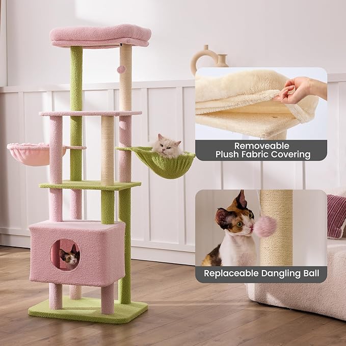 Gardner Pet 65in Heavy Duty Cat Tree Tower for Large Cats, Multi-Level Cat Furniture with Replaceable Sisal Scratching Post, Hammock | Extra-Large Platform & Condo (Pink&Green, Basic φ:2.84")