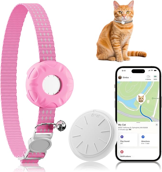 Cat Tracker, GPS Tracker Compatible with Apple Find My App(Only iOS), Waterproof Cat Trackers Collar with Bell and Safety Elastic Buckle,No Monthly Fee,Territory & Location History, Smart Alerts, Pink