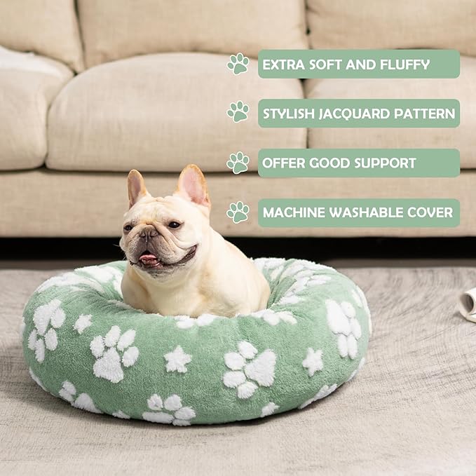 Yaning Donut Dog Beds for Small Dogs, Calming Round Cat Beds for Indoor Cats, Cute 3D Textured Paw Pet Bed with Removable Washable Cover and Anti-Slip Bottom（Green，20"）