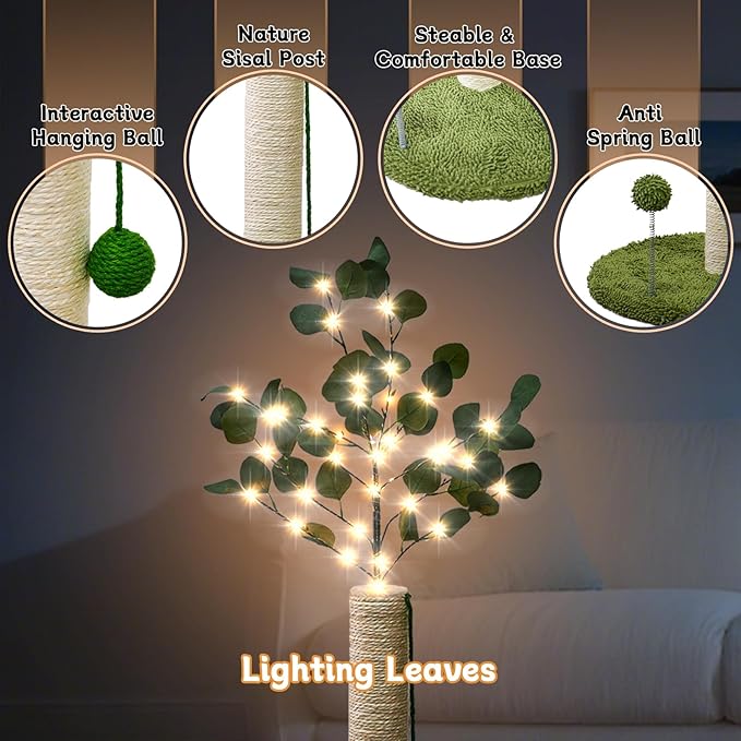 YYXISM Cat Scratching Post with Lights & Hanging Ball Toys Tall Sisal Rope Scratcher Tree Climbing Scratch Tower for Indoor Cats Adult Kitten
