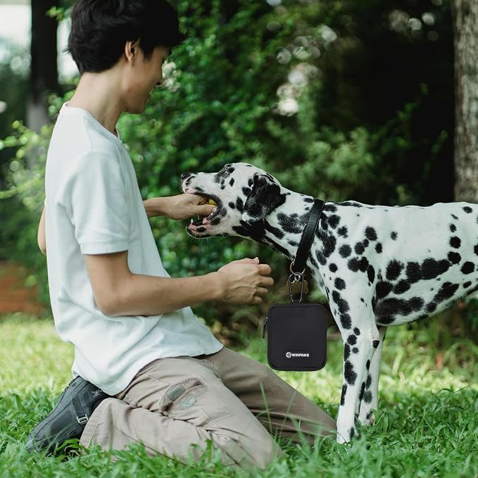 Dog Treat Pouch with Training Clicker,Waterproof Nylon Fabric Poop Bag Holders for Leashes,Hands Free Small Dog Walking Bag with Carabiner, Pet Puppy Training Walking Essentials (Black)