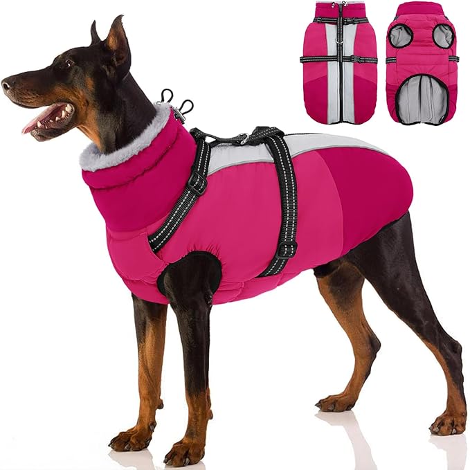 SUNFURA Dog Coat, Warm Dog Jacket with Harness Built in, Waterproof Pet Winter Coat Snowsuit with Zipper, Reflective Fleece Jacket for Extra Large Dogs, Weimaraner, Hot Pink XXL