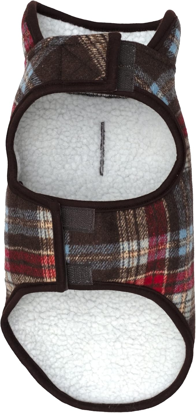 THE WORTHY DOG Alpine Plaid Dog Jacket – Wind-Resistant Winter Coat with Cozy Faux Shearling Lining, Adjustable Fit & Harness Hole – Machine Washable – Brown, Size 12