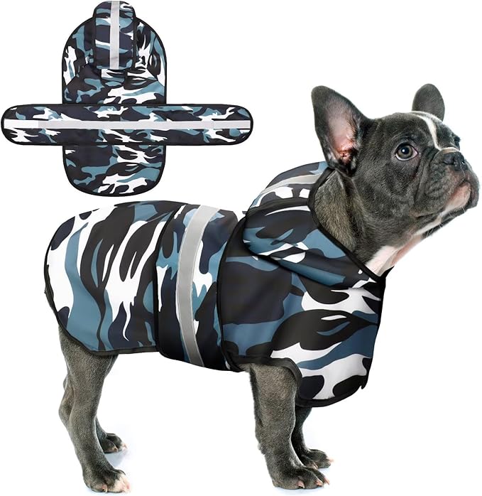 Paiaite Dog Raincoat: Hooded Slicker Poncho, Durable Waterproof Jacket with Reflective Stripes for Safety, Convenient Leash Hole Adjustable Fit, Perfect for Small, Medium Large Dogs Blue Camo L