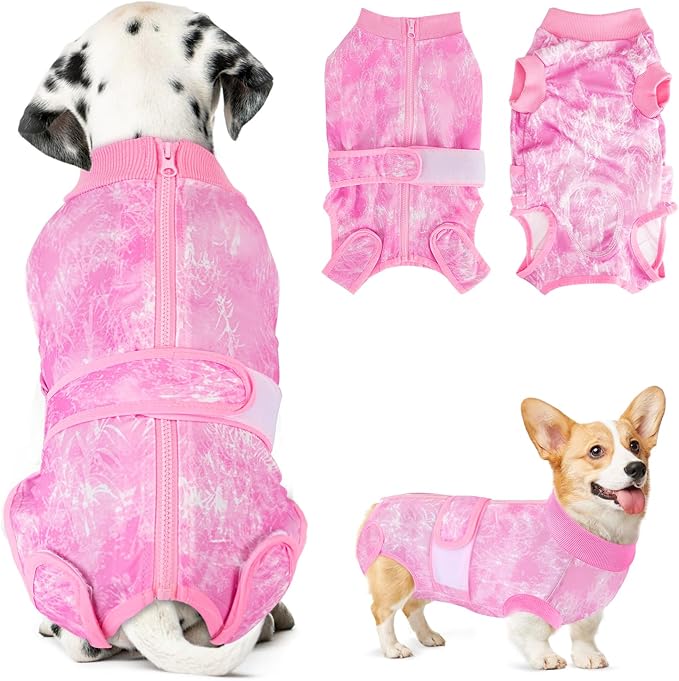 SlowTon Dog Surgery Recovery Suit - Zipper On Dog Onesies After Surgery for Female Male Dogs, Abdominal Wounds Bandages Cone/E-Collar Alternative Dogs Surgical Body Suit (Pink-Tie Dye,L)