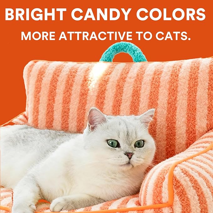 ZEZE Striped Furniture Style Sofa Cat Bed – Modern Upholstered Pet Couch for Cats & Small Dogs, Soft Cushion & Elevated Design, Stylish Pet Furniture for Home Decor (Orange, Large)