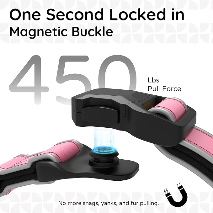 Leather AirTag Dog Collar, Magnetic Buckle, Reflective, Pink L