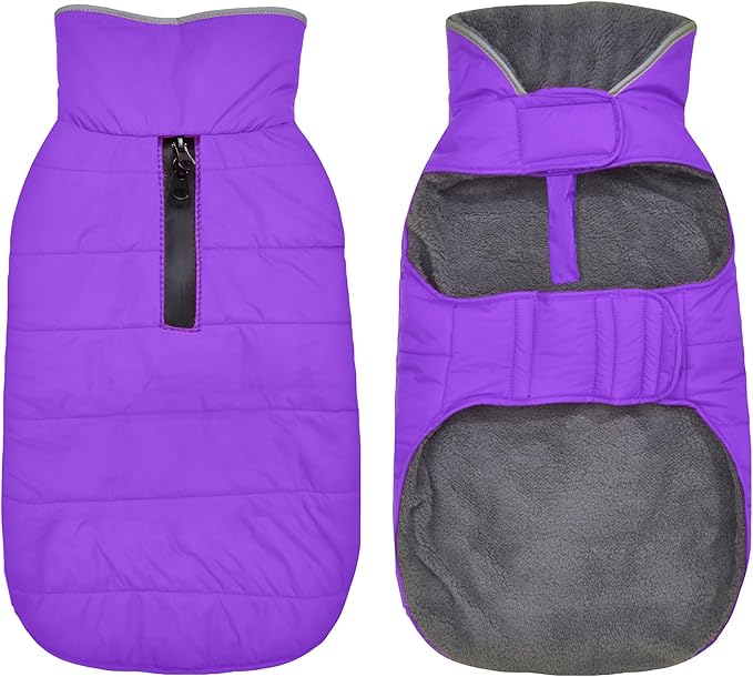 Dog Winter Coat, Waterproof Dog Jacket with Leash Hole, Reflective Adjustable Pet Snow Vest, Warm Fleece Sweater for Small Medium Large Dogs - Purple, S