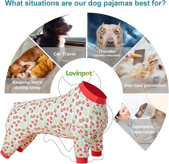 LovinPet Pajamas for Big Dogs, Pet Anxiety Calming Shirt, Anti Licking Dog Pajamas, Pink Granny Print, Pitbull Clothes, 4 Legged Pullover Large Dog Pjs for Parties, Camping, Travel, and Home, Medium