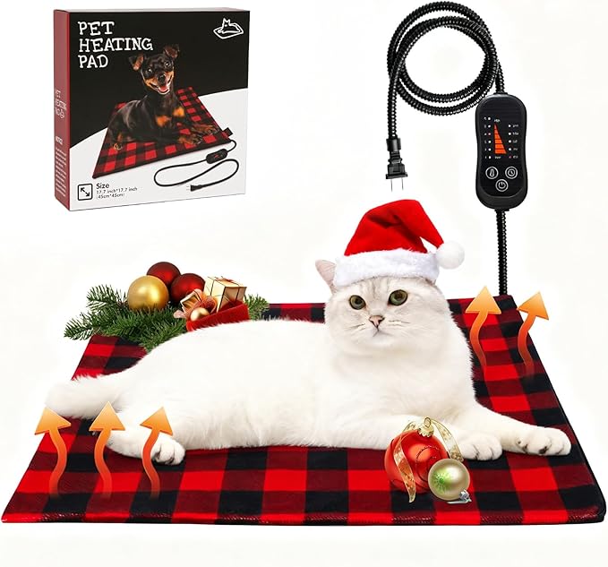 Pet Heating Pad, Adjustable Temperature Heated Cat Bed with Timer, Outdoor Waterproof Heated Dog Bed with Anti-Chew Cord, Overheat Protection Warming Mat for Cats and Puppies (S:17.7"x17.7")