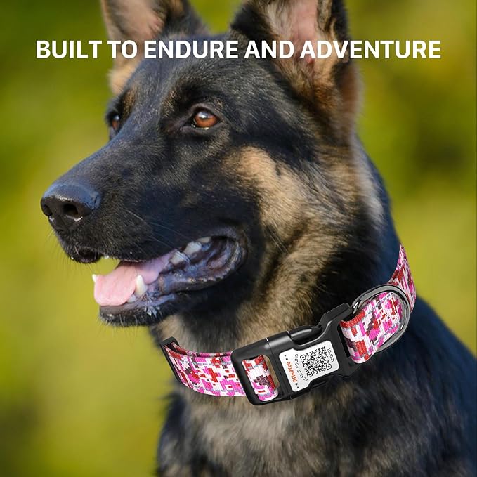 Personalized Dog Collar with QR Code Dog Tag, Camo Rose Red S | Anti-lost, 1000D nylon, reflective, padded, XS-L(8"-24"), QR buckle shares lost pet profile, location alerts when scanned