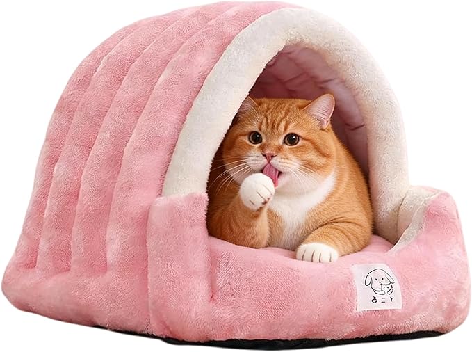 Cat Cave Bed for Indoor Cats-Semi-Enclosed Soft Winter Warm Bed,Cat Tent Nest with Removable Cushion and Anti-Slip Bottom,Slipper Dog Bed Cuddler House Easy Wash (Pink, L:23.6×19.7×15.7in)
