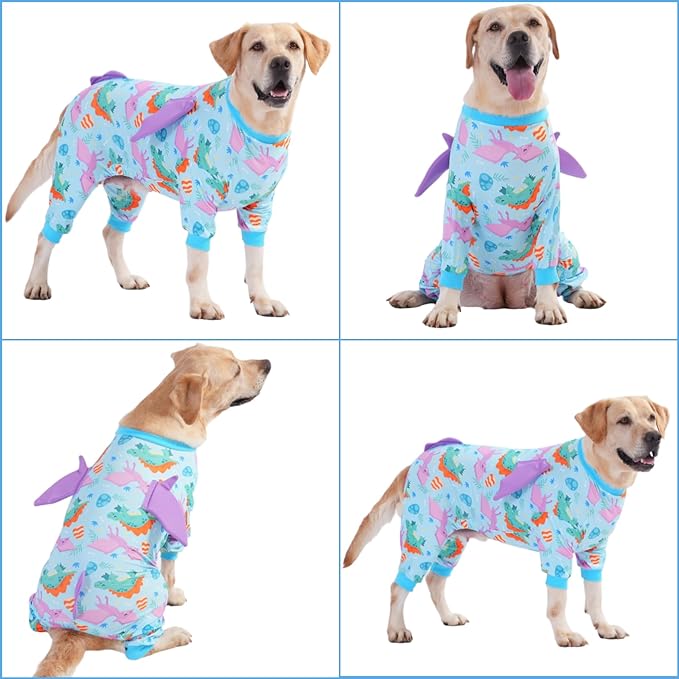 LovinPet Large Dog Pajamas, Four-Leg Stretch Onesie Bodysuit, Lightweight UV-Shielding Pajamas, Anti-Lick Calming Recovery Suit for Surgery, 3D Dino Wing Design with Soft Spikes， Blue Purple， XXL