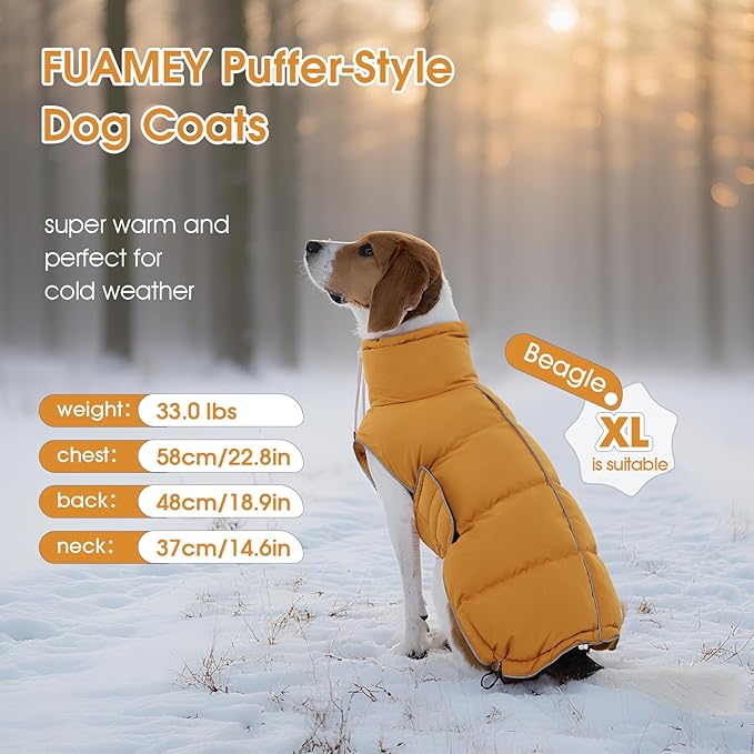 FUAMEY Dog Puffer Jacket for Large Dogs,Dog Cold Weather Coats Winter Dogs Down Jackets Waterproof Pet Snowsuits Warm Puppy Winter Vest Turtleneck Pets Adjustable Jackets Coats Mustard Yellow XXXL