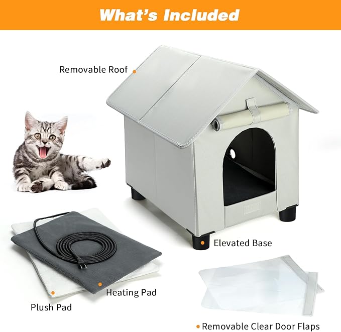 Heated Cat House in Winter Waterproof, Elevated Heated Outdoor Cat House Insulated Outside Feral Cats Houses Shelter with Escape Door for Cats or Small Dogs (Grey, Medium (15.3"x19.3"x18.9"))