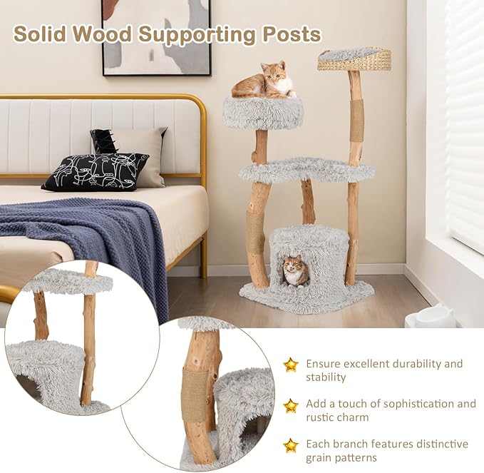 PETSITE 49 inch Cat Tree for Indoor Cats, Cute Solid Wood Modern Multi-Level Cat Tower with Scratching Posts, Top Cattail Basket Cat Bed, Side Perch, Large Platform, and Condo (Grey)