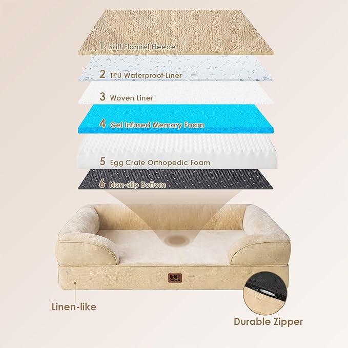 EHEYCIGA Orthopedic Dog Beds for Extra Large Dogs, Waterproof Memory Foam XL Pet Bed with Sides, Non-Slip Bottom and Egg-Crate Foam Big Dog Couch Bed with Washable Removable Cover, Greige