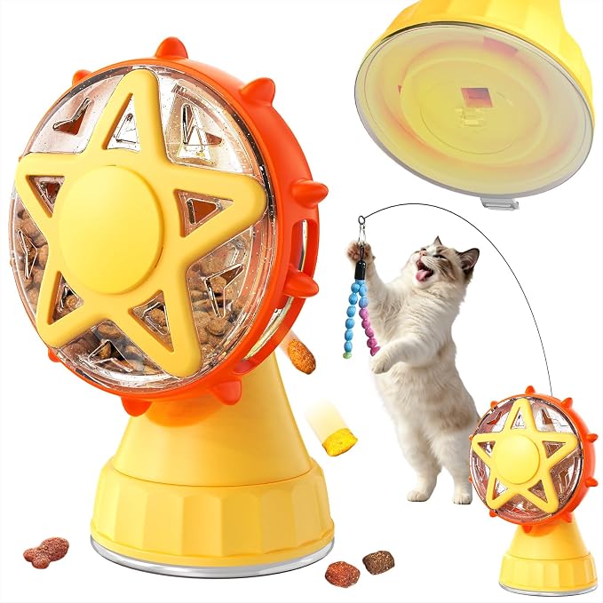 2 in 1 Ferris Wheel Interactive Cat Toy, Treat Dispenser Puzzle Feeder with Twist-Lock Suction Cup Base & Teaser Wand with Bells, Slow Feeder Enrichment Toy for Indoor Cat Boredom Relief