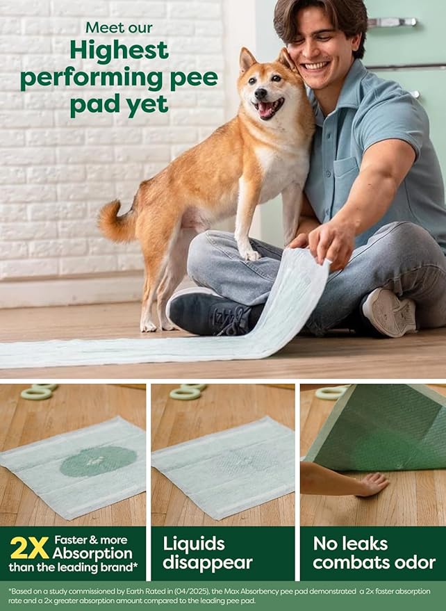 Earth Rated Max Absorbency Puppy Pee Pads for Dogs Absorbs 2X Faster & 2X More, Leak-Proof, Odor Control Potty Training, Unscented, Large, 22” x 23”, 75 Count
