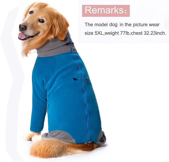 Dog Winter Coat for Large Medium Small Dogs, Warm Fleece High Collar Full Body Dog Jumpsuit Comfortable Onesie Apparel (Blue, 7X-Large)