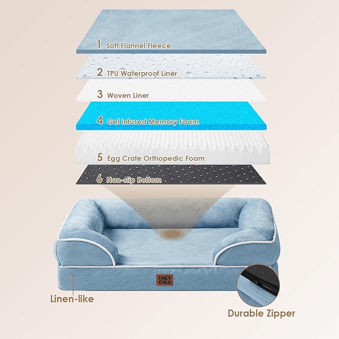 EHEYCIGA Orthopedic XL Dog Beds, Waterproof Memory Foam Dog Bed for Extra Large Dogs, Non-Slip Bottom and Egg-Crate Foam Big Pet Couch Bed with Washable Removable Cover, Washed Blue